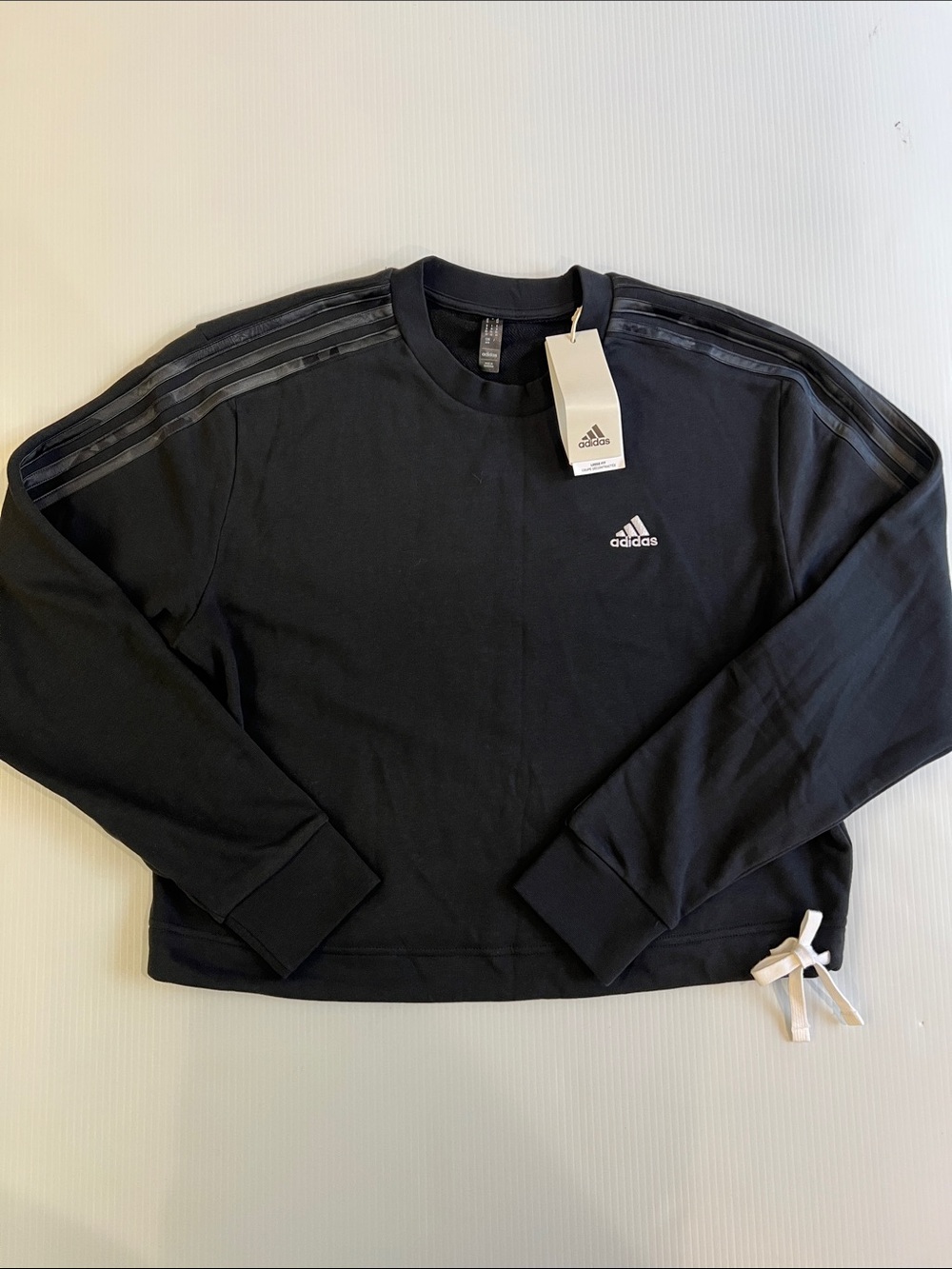 New Adidas Women Black Crewneck Sweatshirt with Shoulder Stripes in Size Medium